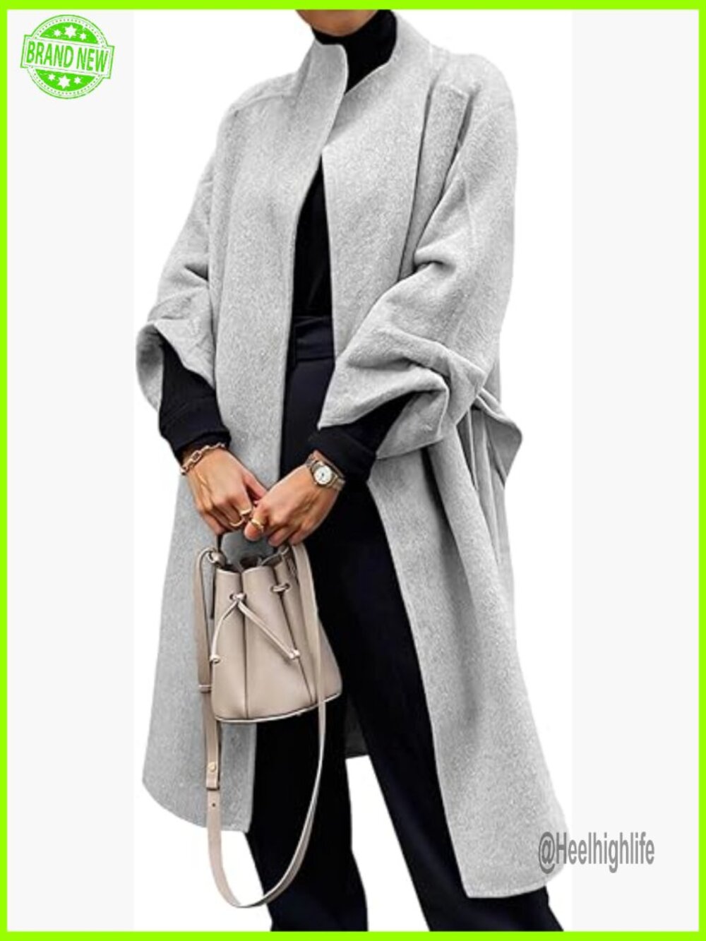 Wool Blend Wrap Pea Coat Oversized Open Front Long Coat - Picture 1 of 7